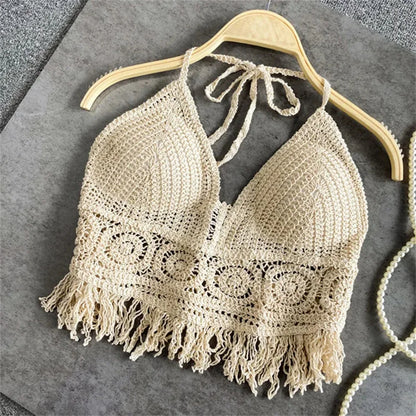 Women Summer Beach Boho Crop Tops Sexy Y2K Knitted Backless Hollow Out Tank Tops Crochet Tassels Hem Halter Bras Bustier Top