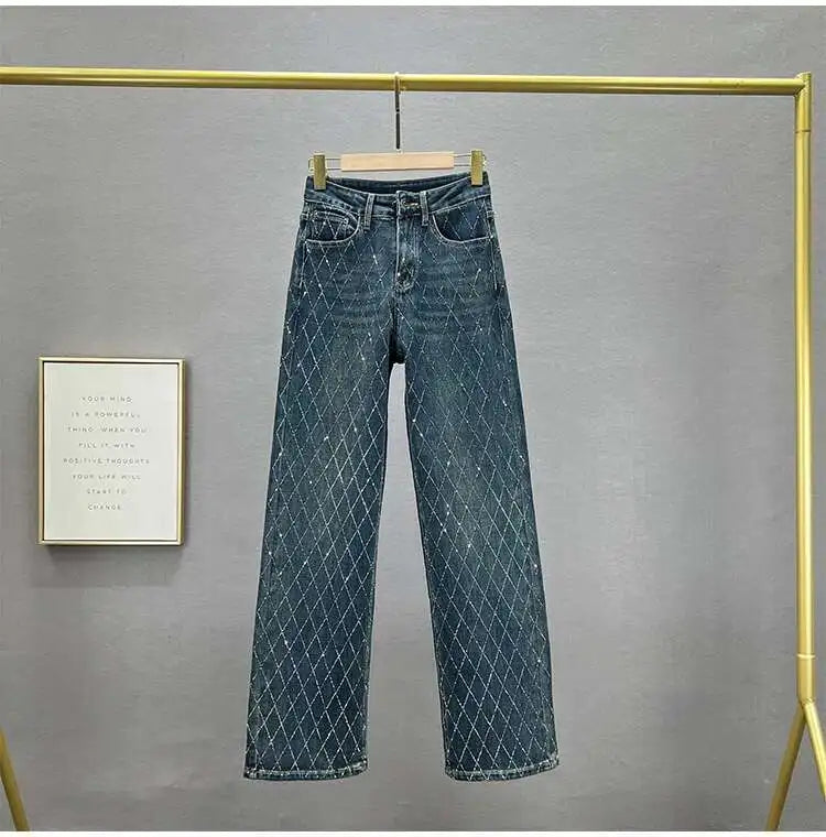 Fashion Women's Jeans High Waist One Side Plaid Shape Diamonds Wide Leg Denim Pants 2025 New Classic Straight Trousers