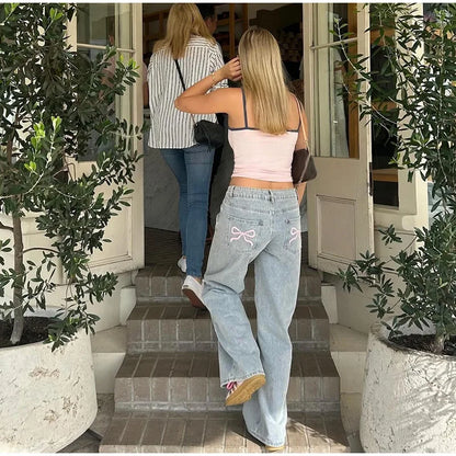 Blue Jeans for Women Pink Bow Embroidery Jeans Y2K Straight High Waist Vintage Casual Trousers Female Wide Leg Designer Pants