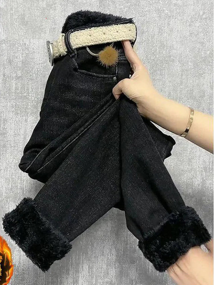 Fleece Jeans For Women Clothes Winter Warm Stretch Denim Harem Pant Loose Thickening Trousers Fall Pantalones De Mujer