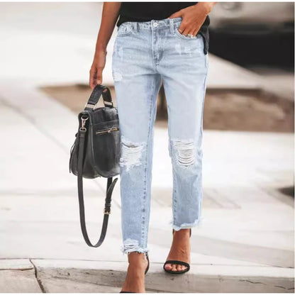 Casual Straight Jeans Women High Waisted Washed Skinny Ripped Slim Denim Pants 2025 Autumn Fashion Trend Commute Lady Trousers