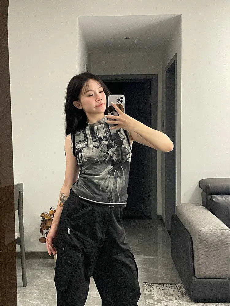 Genayooa Y2k Vintage Tank Tops Women Print Mesh Tops See Through Streetwear Sleeveless Tops Patchwork 2000s Japanese Tee Tops