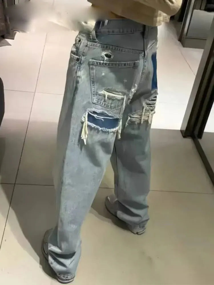 Jeans For Women 2024 Denim Solid Loose Zipper Fly Female Hole Trouser Pockets Wild Basic Commute Woman Wide Leg Long Pant