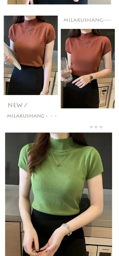 Womens Tops And Blouses Summer Short Sleeve Blouse Women Blusas Mujer De Moda 2023 Turtleneck Knitted Blouse Shirt Tops