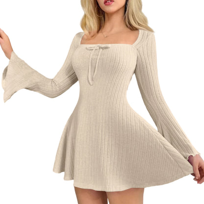 Dresses Women Blush Ribbed Bell-Sleeve Mini Dress Casual Date Party Street Daily 2026 Trendy Solid Multi Color Nuevo Estilo