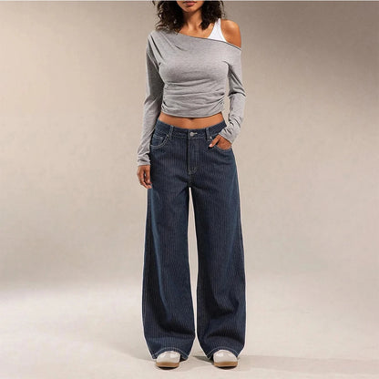 Women Mid Waist Jeans Spring Autumn Daily Matching Comfy Loose Wide Leg Trousers Fashion Stripe Straight Leg Denim Fabric Pants