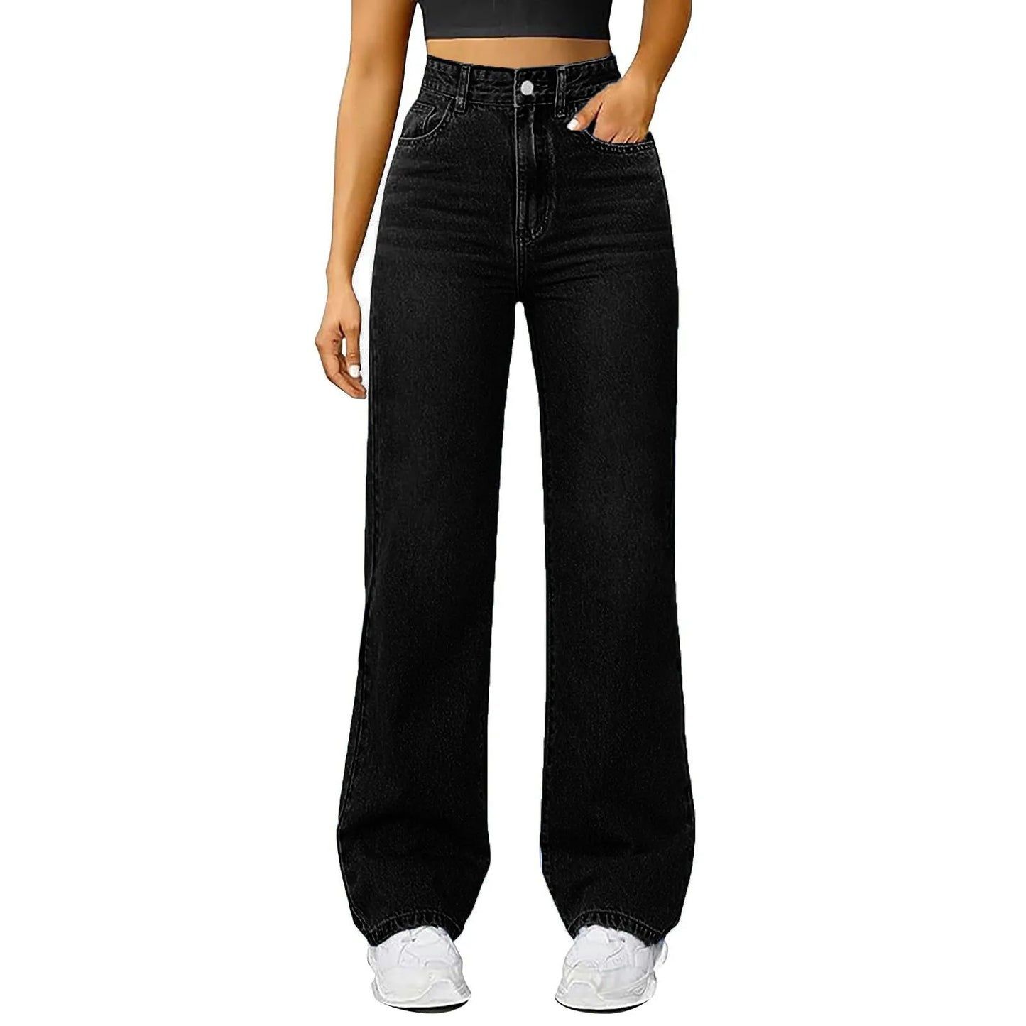 Women'S Straight Jeans Solid Color Distressed High Waist Design Retro Trousers American Hot Girl Style Pants Daily Street Wear