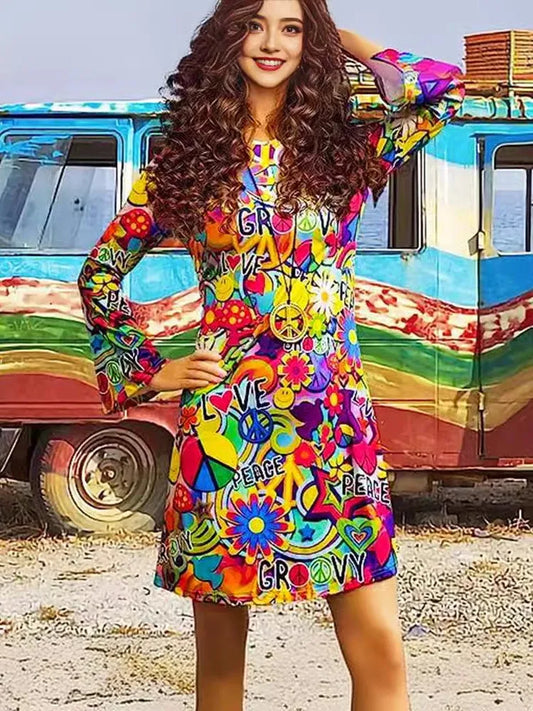 Vintage Color Printed Mini Dresses Women Spring Summer New Flared Long Sleeve O Neck Slim A-line Short Dress Fashion Streetwear