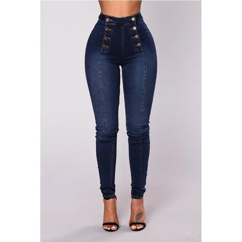 Women Elegant Vintage Stretch Bodycon Jeans Fashion Casual Double Breasted High Waist Skinny Denim Pants Trousers