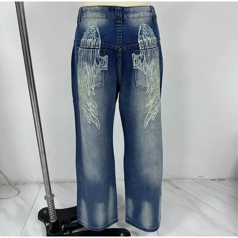 Women's Vintage Baggy Jeans High-Waisted Wide Leg Denim Pants with Back Wing Print Washed Y2K Streetwear 2025 Spring Summer Chic