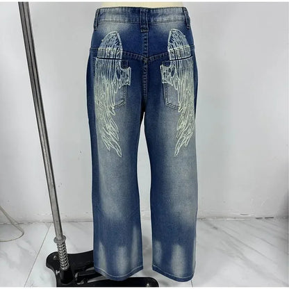 Women's Vintage Baggy Jeans High-Waisted Wide Leg Denim Pants with Back Wing Print Washed Y2K Streetwear 2025 Spring Summer Chic