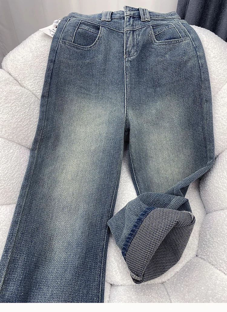 Wide Leg Jeans Women Plus Velvet Thicker Warm Vintage High Waist Casual Autumn Winter Streetwear Fashion Teens Personality Ins