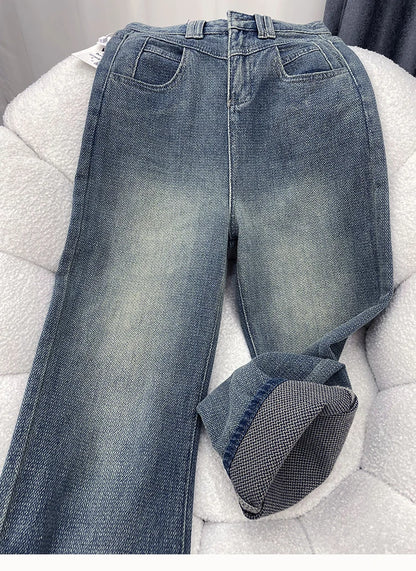 Wide Leg Jeans Women Plus Velvet Thicker Warm Vintage High Waist Casual Autumn Winter Streetwear Fashion Teens Personality Ins