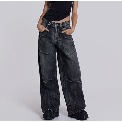 Women's Vintage Baggy Jeans High-Waisted Wide Leg Denim Pants with Back Wing Print Washed Y2K Streetwear 2025 Spring Summer Chic