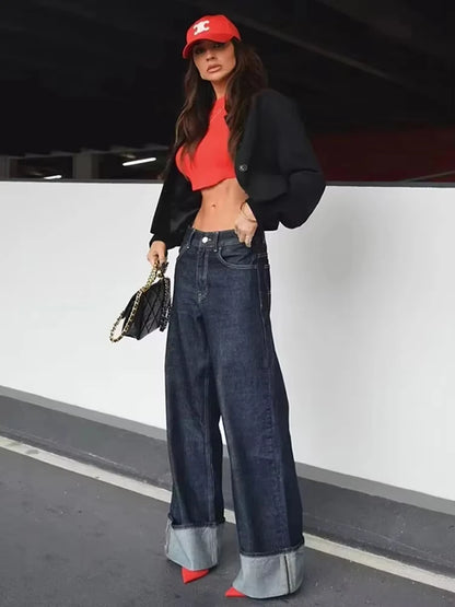 HH Women Fashion Denim Set Casual Lapel Long Sleeve Crop Jacket Buttons Female Vintage Wide Leg Loose Jeans Long Pants