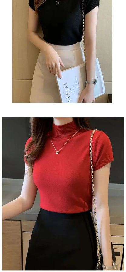 Womens Tops And Blouses Summer Short Sleeve Blouse Women Blusas Mujer De Moda 2023 Turtleneck Knitted Blouse Shirt Tops