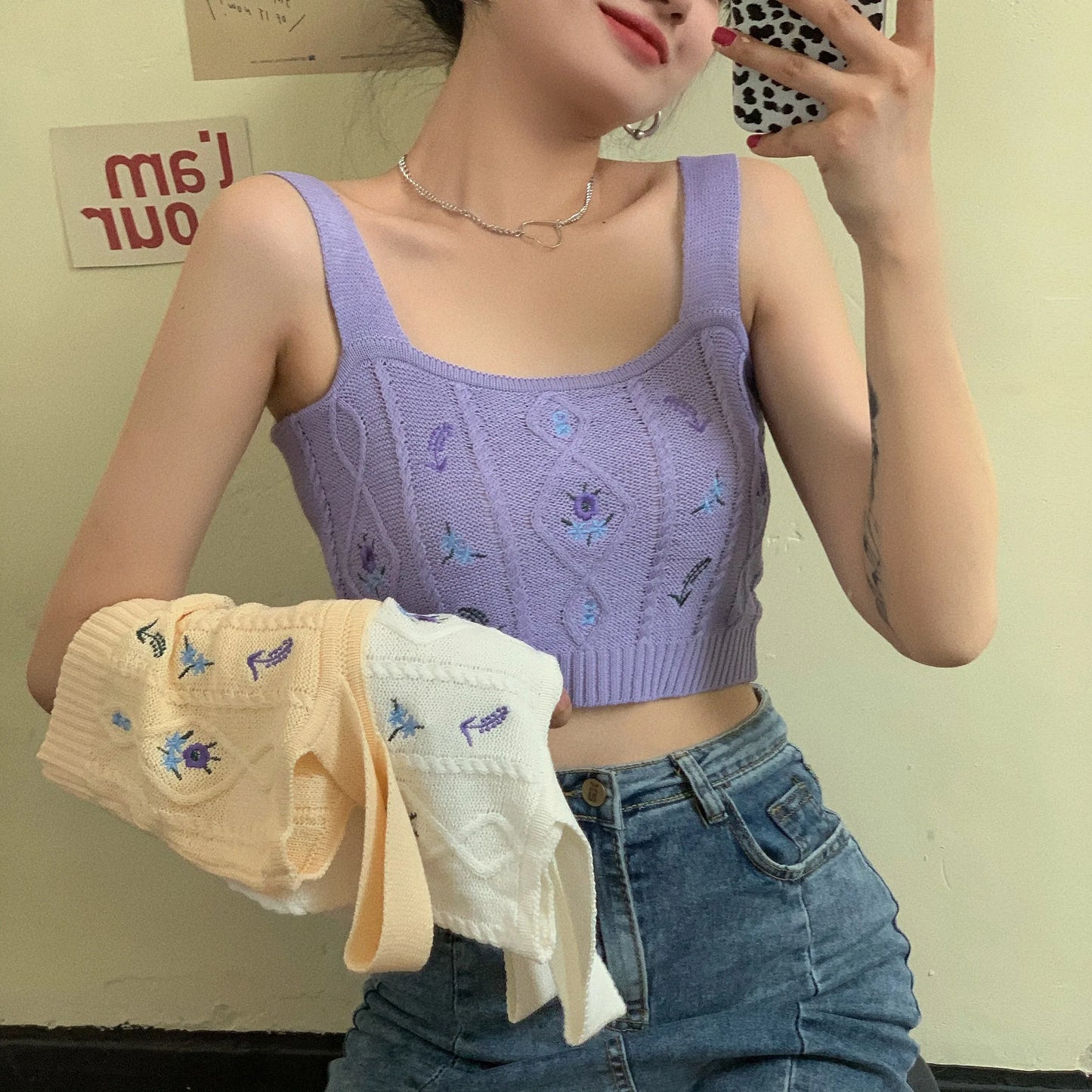 HELIAR Women Flower Embroidery Knitted Crop Tops Women Casual Tube Tops Casual Ribbed Cute Tops Crop Tops Women 2024 Summer