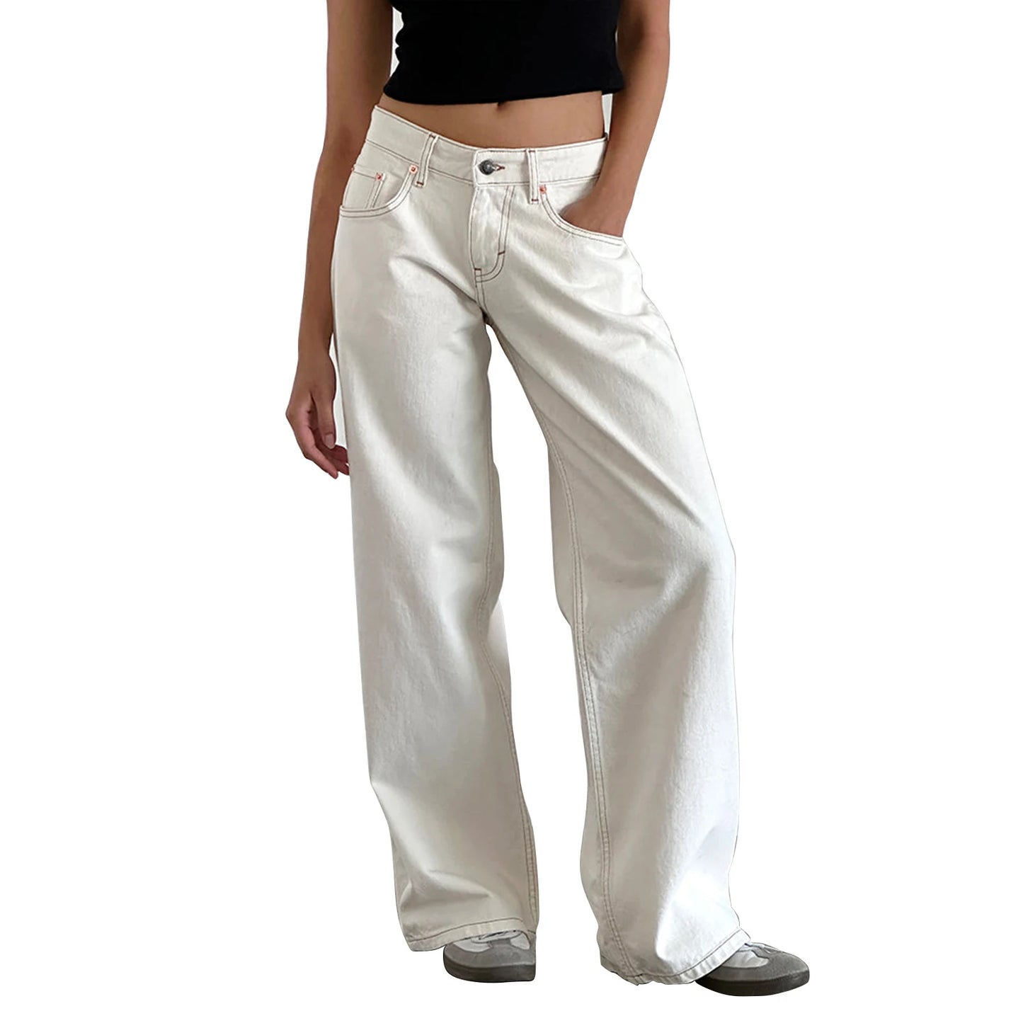 Women's versatile jeans, aesthetic solid color low rise zipper button trousers with pockets for everyday street wear