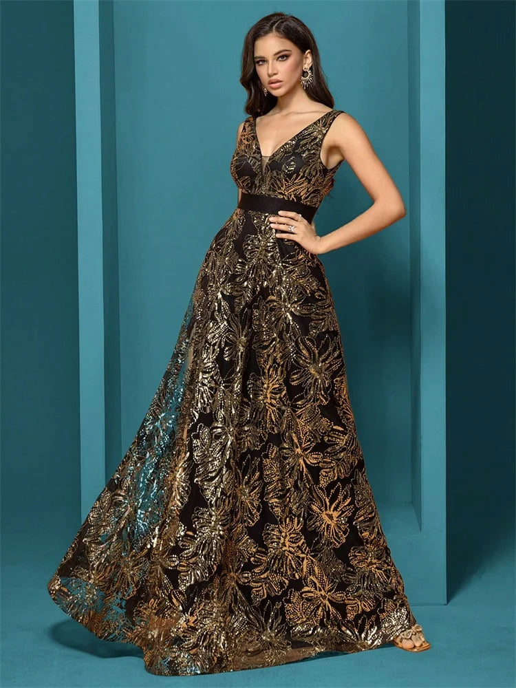 Luxury Sexy Deep V-Neck Sequins Blue Evening Dresses Women Elegant V-back Wedding Party Long Prom Cocktail Dress