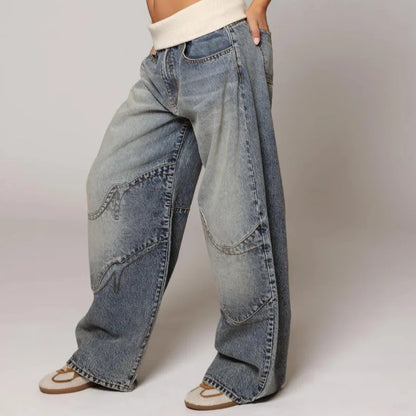 Women's Hip Hop Splice Fashion Basics Retro Jeans Simple Dressing Up Daily Necessary Wide Leg Pants Baggy Cargo Pants