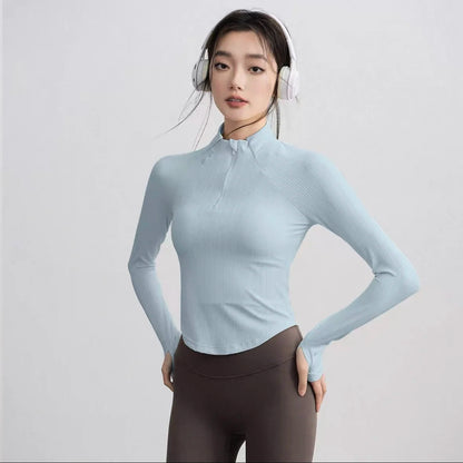 Gym Coat Shirts Stand-up Collar Half Zipper Slim Sports Top T-shirt Thin Activewear Yoga Breathable Long-sleeved Fitness Clothes