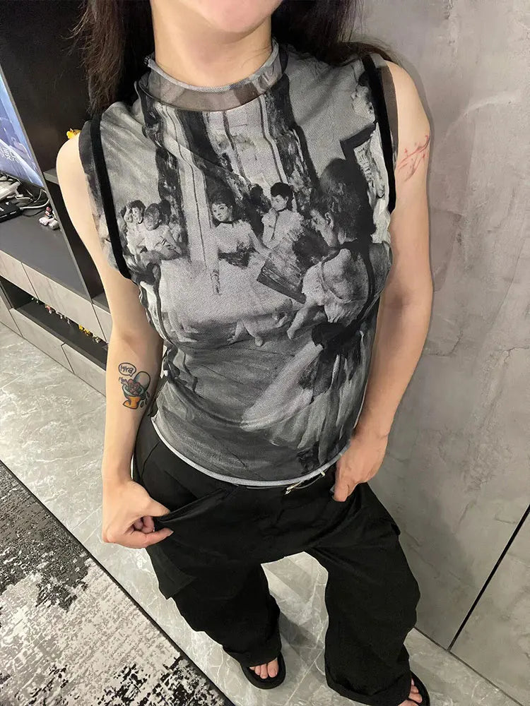 Genayooa Y2k Vintage Tank Tops Women Print Mesh Tops See Through Streetwear Sleeveless Tops Patchwork 2000s Japanese Tee Tops