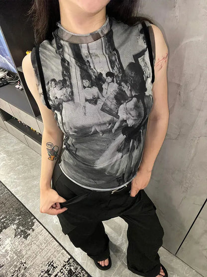 Genayooa Y2k Vintage Tank Tops Women Print Mesh Tops See Through Streetwear Sleeveless Tops Patchwork 2000s Japanese Tee Tops