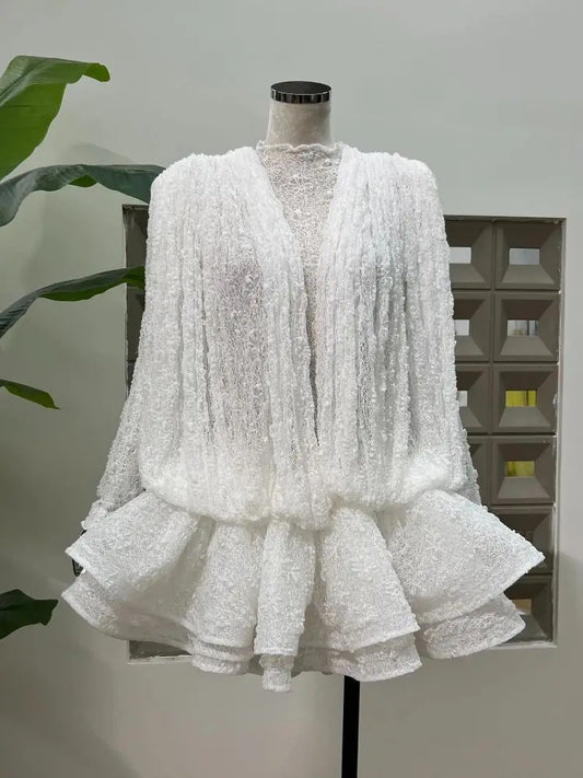 Chic Sheer Three Pieces Mini Dresses For Women Sexy O Neck Long Sleeve Tops Shorts Celebrity See Through Birthday Luxury Outfit