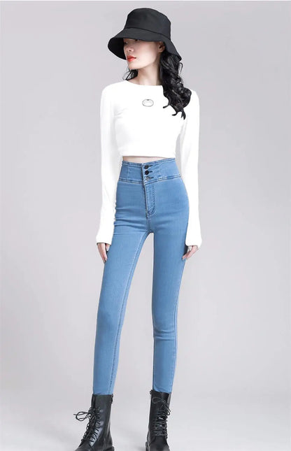 Korean Women High Waist Skinny Jeans Spring Autumn Streetwear Fashion Slim Trousers Denim Solid Button Casual Pencil Pants 2022