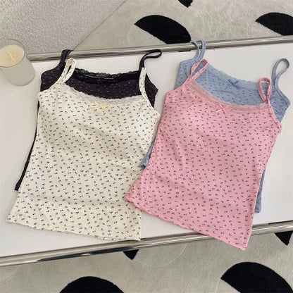 Women Floral Bow Knot Tops Summer Casual Sleeveless Ice Silk Bra Tops With Pad Sweet Lace Vest With Chest Cushion T Shirts 2024