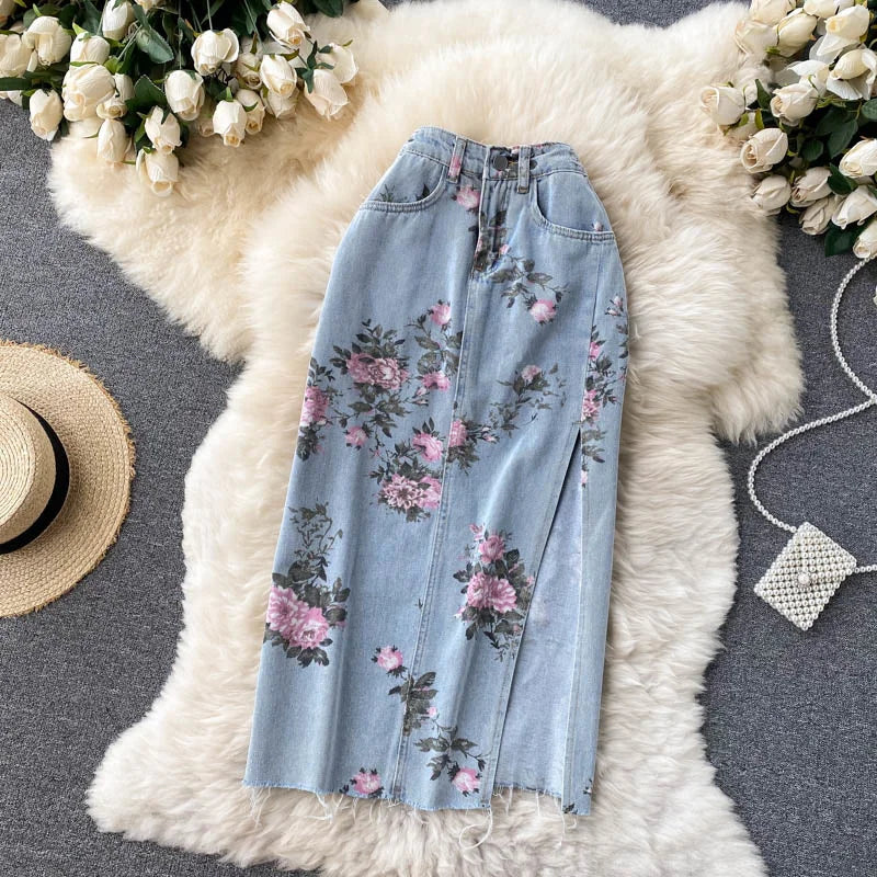 Flowers Print Jeans Women Vintage High Waist Denim Long Pants 2025 Fashion Autumn Casual Wide Leg Full Length Denim Trousers