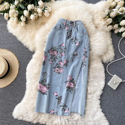Flowers Print Jeans Women Vintage High Waist Denim Long Pants 2025 Fashion Autumn Casual Wide Leg Full Length Denim Trousers