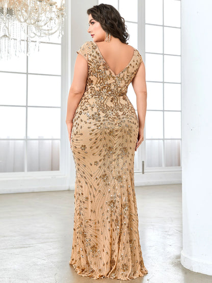 Plus Size Elegant Blue Evening Dress For Women 2024 Luxury Long Mermaid Formal Sequins V-neck Prom Wedding Party Gown