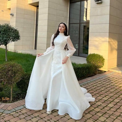 Customized Luxury Organza Wedding Gown High Applique Long Sleeve Dubai Women's Floor Length Elegant Bridal Prom Party Dresses