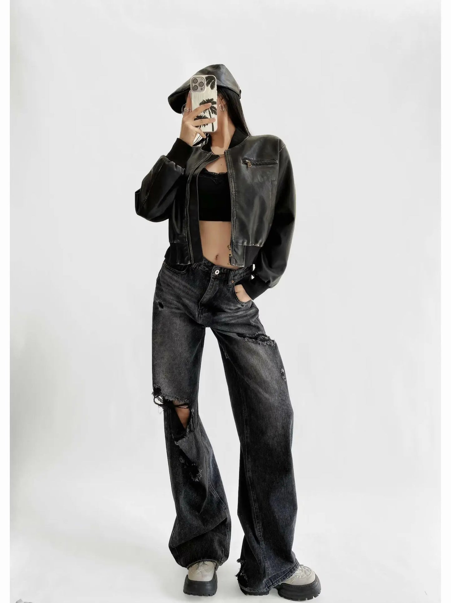 Women's Destroyed Jeans 2025 Spring Summer High Waist Loose Leg Floor-Length Distressed Denim Vintage Daily Staple