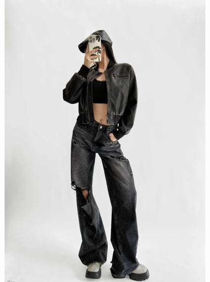 Women's Destroyed Jeans 2025 Spring Summer High Waist Loose Leg Floor-Length Distressed Denim Vintage Daily Staple