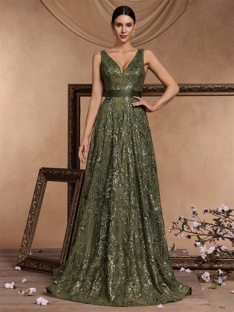 Luxury Sexy Deep V-Neck Sequins Blue Evening Dresses Women Elegant V-back Wedding Party Long Prom Cocktail Dress