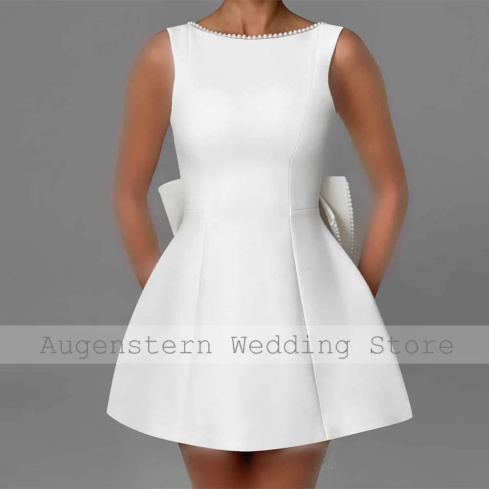 Customized Mini Civil Wedding Dresses Satin A-Line Wedding Party Gowns White O-Neck Pearls Bow Backless Short Bridal Dress 2026