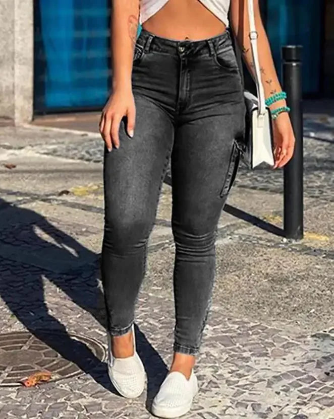 Women's Skinny Jeans 2025 Summer New Fashion Solid Color Buttoned Pocket Zipper Design High Waist Casual Daily