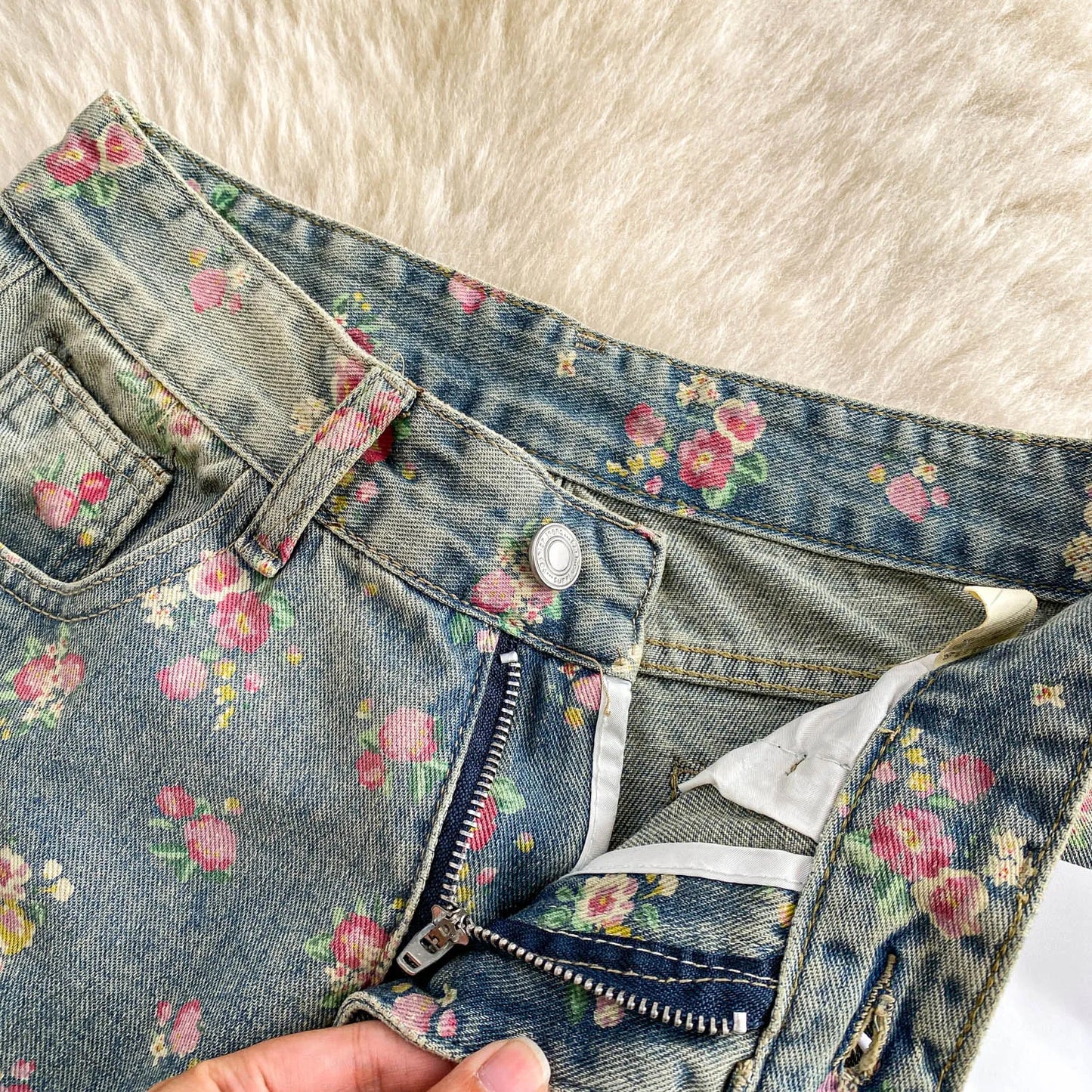 Women's Fashion Floral Print Denim Pants Colorful Flower Wide Leg Trousers Female Spring Autumn Versatile High Waist Blue Jeans