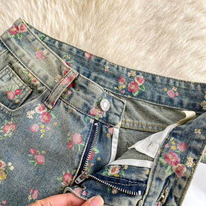 Women's Fashion Floral Print Denim Pants Colorful Flower Wide Leg Trousers Female Spring Autumn Versatile High Waist Blue Jeans