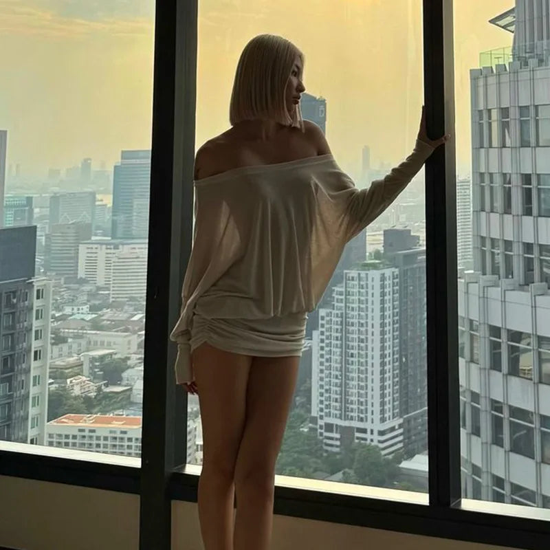 Fashion Off Shoulder Sheer Mini Dress Outfits For Women Hot Sexy Long Sleeve Ruched Party Dresses Bodycon Solid Color Robe Femme