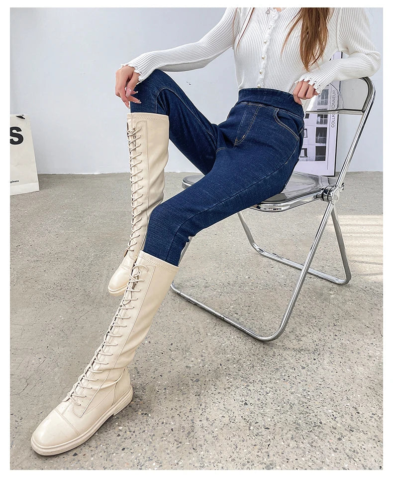 Women's Winter Jeans Fleece Warm Slim Pencil Trousers Elastic Waist Thicken Velvet Comfortable Mom Denim Pants Female