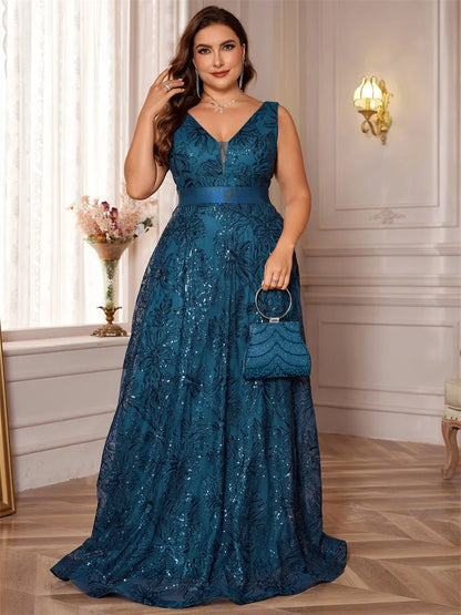 Plus Size Luxury Deep V-Neck Sequins Blue Evening Dress Women Elegant V-back Wedding Party Long Prom Cocktail Dresses