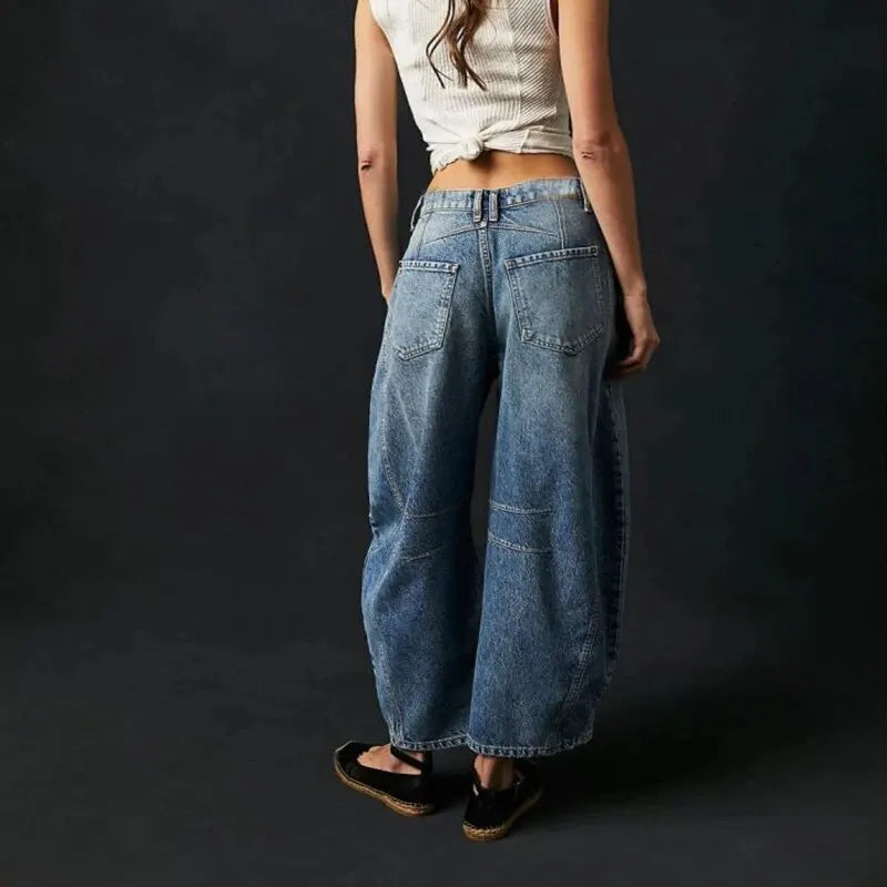 Women's Mid Rise Barrel Jeans For Women Wide Leg Mid Waist Cropped Denim Pants Baggy Boyfriend Jeans With Pockets New Wash