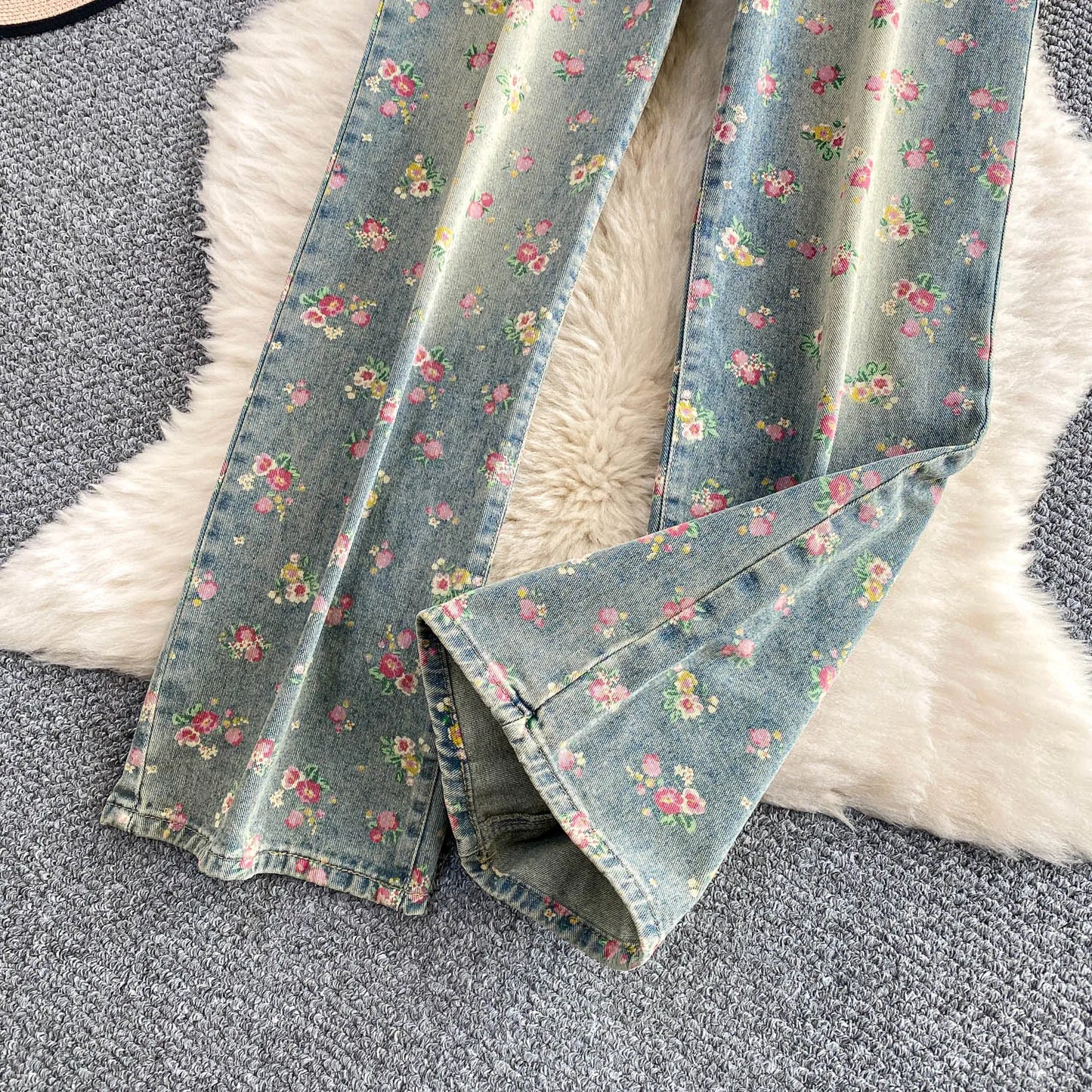 Women's Fashion Floral Print Denim Pants Colorful Flower Wide Leg Trousers Female Spring Autumn Versatile High Waist Blue Jeans