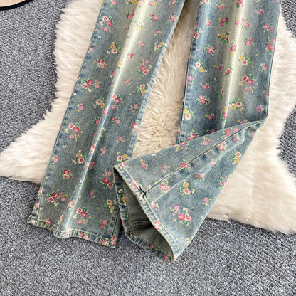 Women's Fashion Floral Print Denim Pants Colorful Flower Wide Leg Trousers Female Spring Autumn Versatile High Waist Blue Jeans