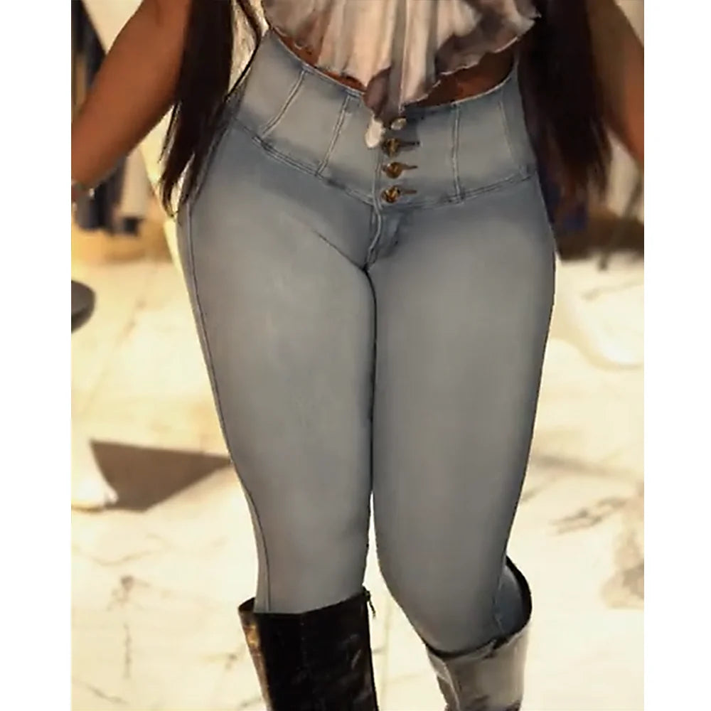 Women's High Waist Skinny Jeans Comfortable Denim Front Button Pants Leggings Slim Fashion Sculpting Slimmer Pencil Trousers