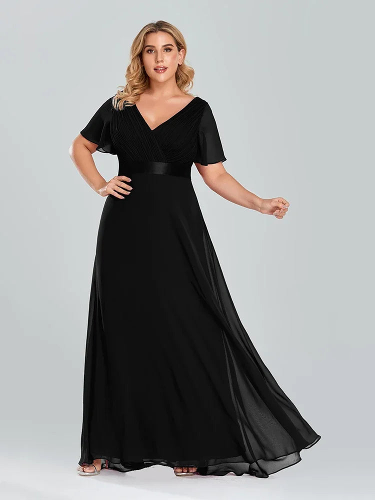 Prom Dresses Plus Size Evening Dresses Long  Elegant A Line V Neck Ruffles Chiffon Formal Wedding Party Dress Robe De Soiree