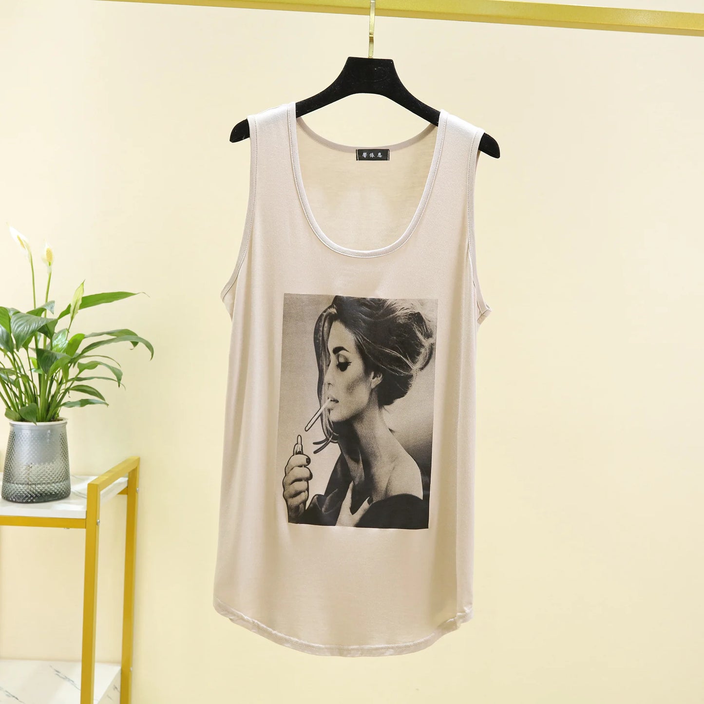 Women Long Tank Tops O-Neck Fashion Print Beauty's Head Casual Loose sleeveless T-shirt streetwear camis tops